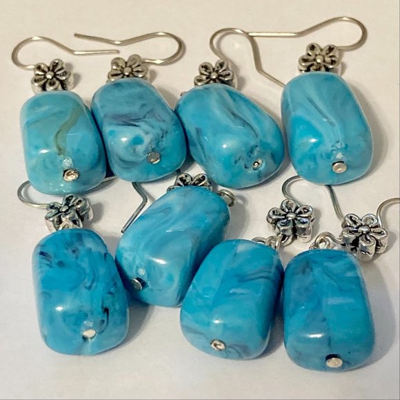 Aqua Turquoise Art Bead Earrings Acrylic Swirl Silver Plated Flowers Boho - Picture 7 of 11